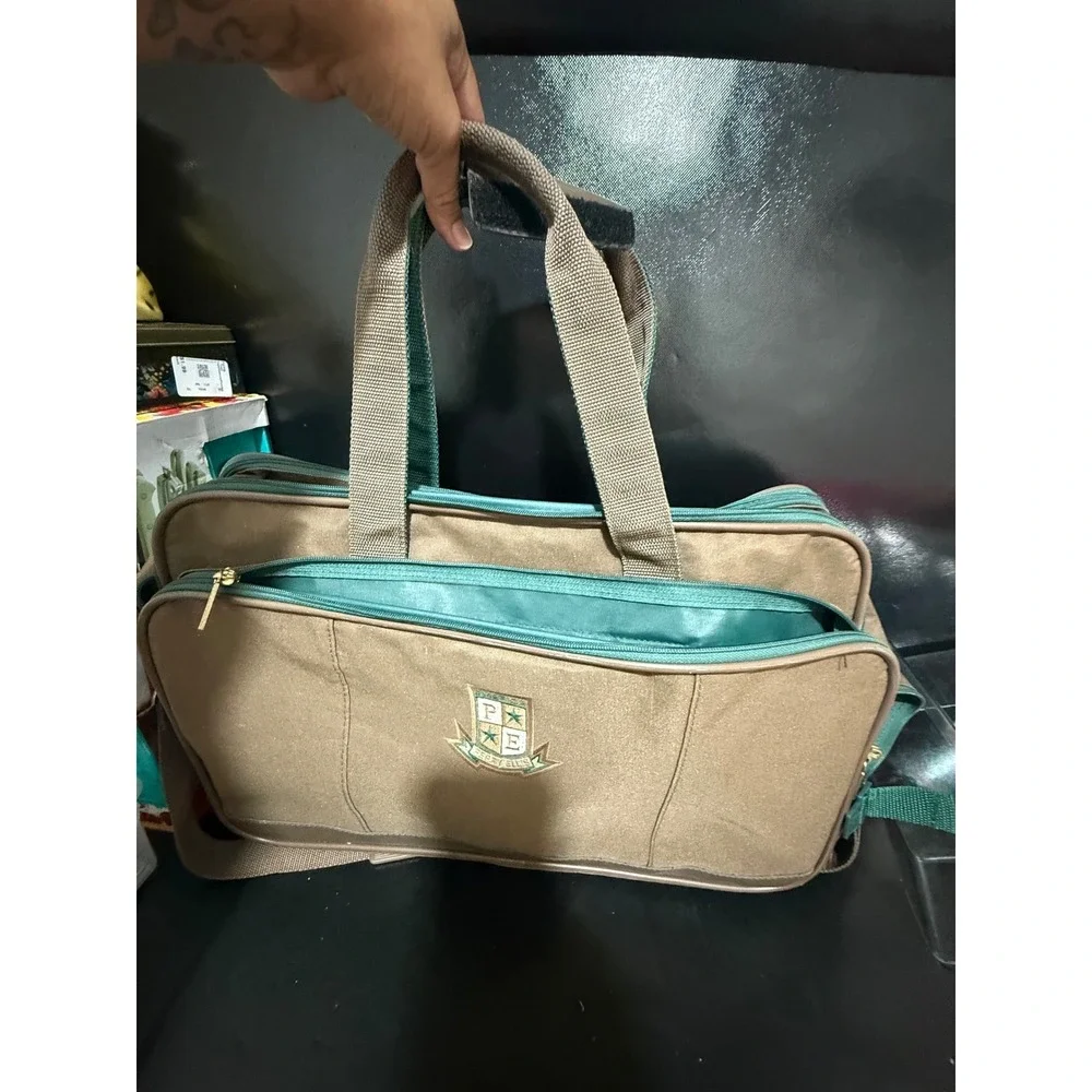 Perry Ellis America Vintage Duffle Bag Tan Green Canvas Travel Weekender Crest